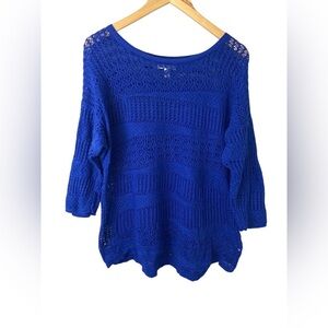 Dana Bachman Patchwork Sweater Surf Blue Open Knit XL Nautical Coastal